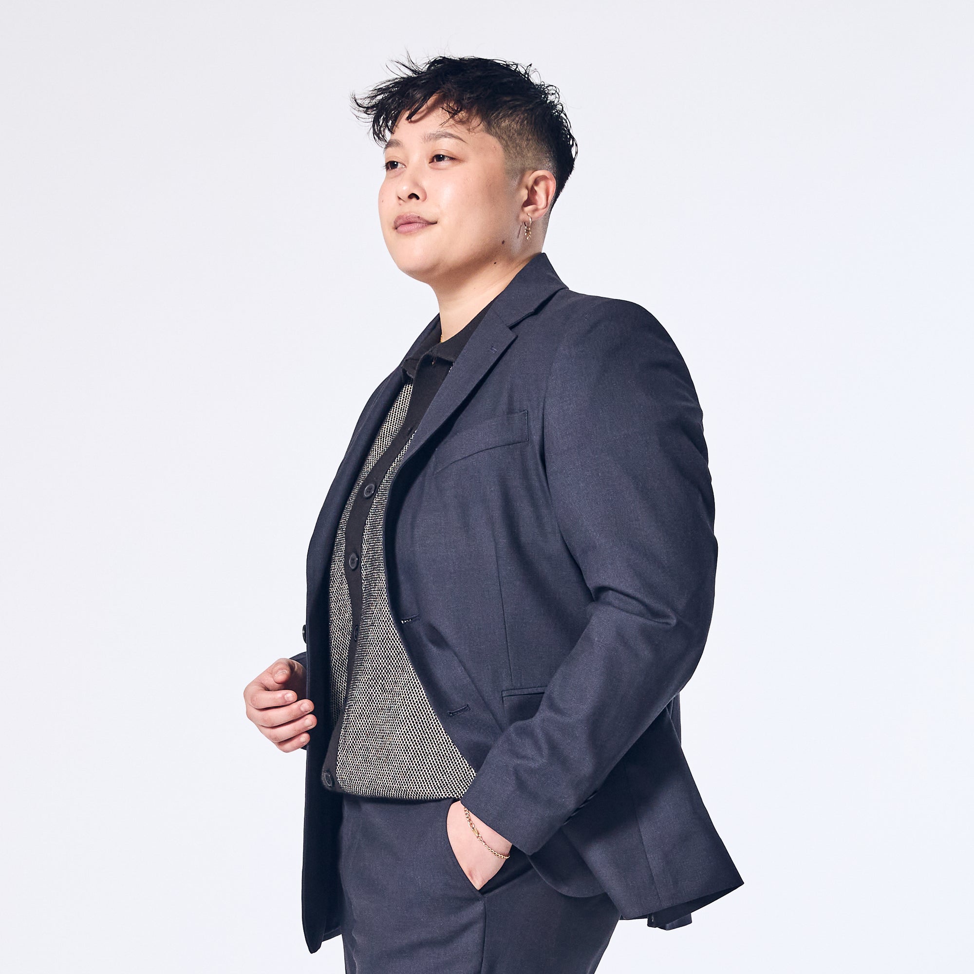 Womens Scout Ink Blue Suit Blazer made by Kirrin Finch against a light background