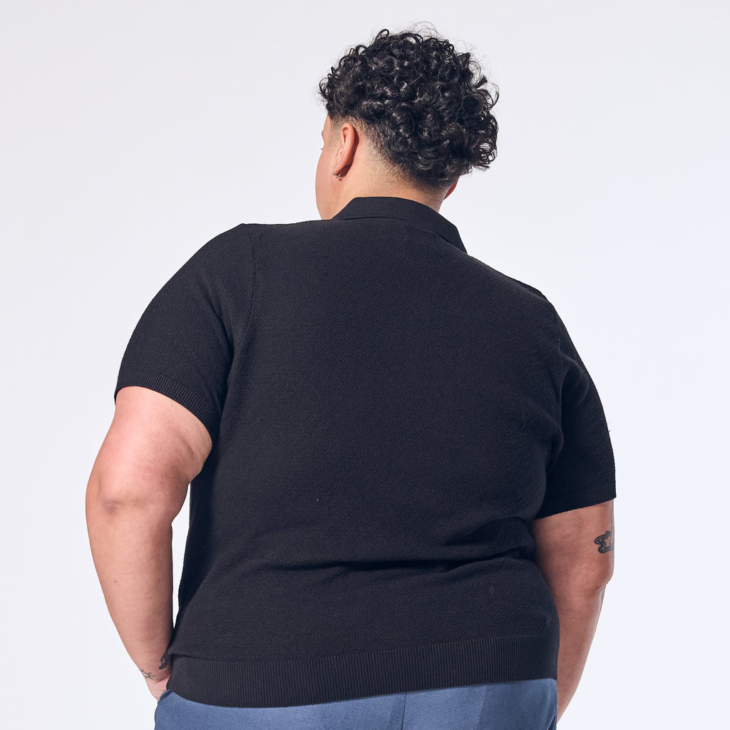 Model wearing Carbon Johnny Collar Polo made by Kirrin Finch.