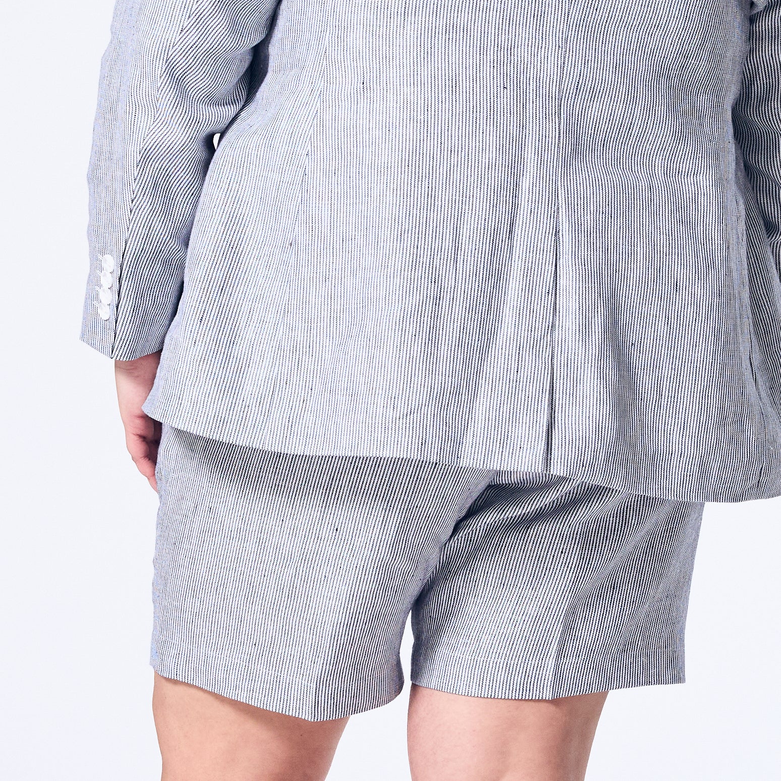 Blue Stripe linen shorts with matching blazer made by Kirrin Finch.