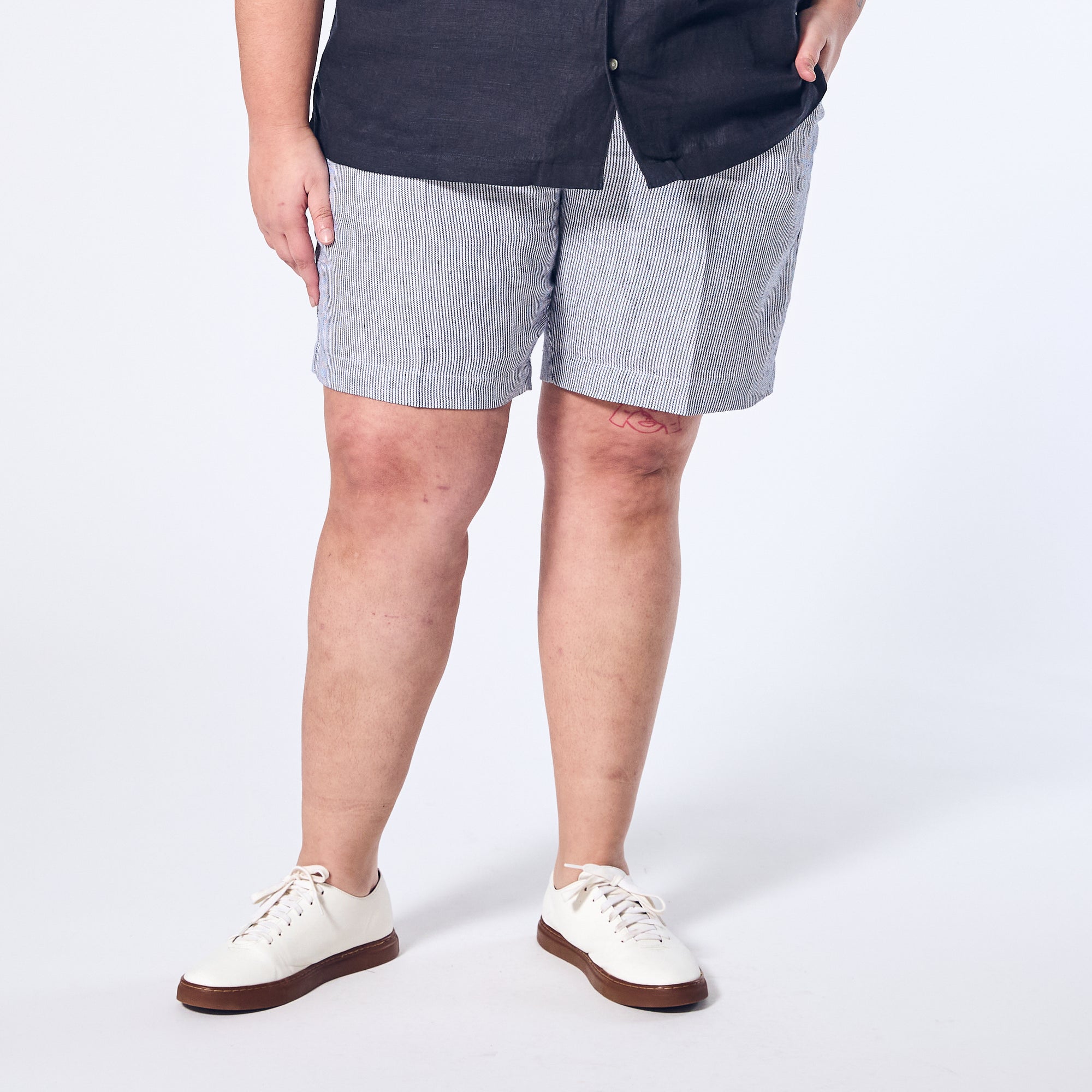 Androgynous Blue Stripe linen shorts.