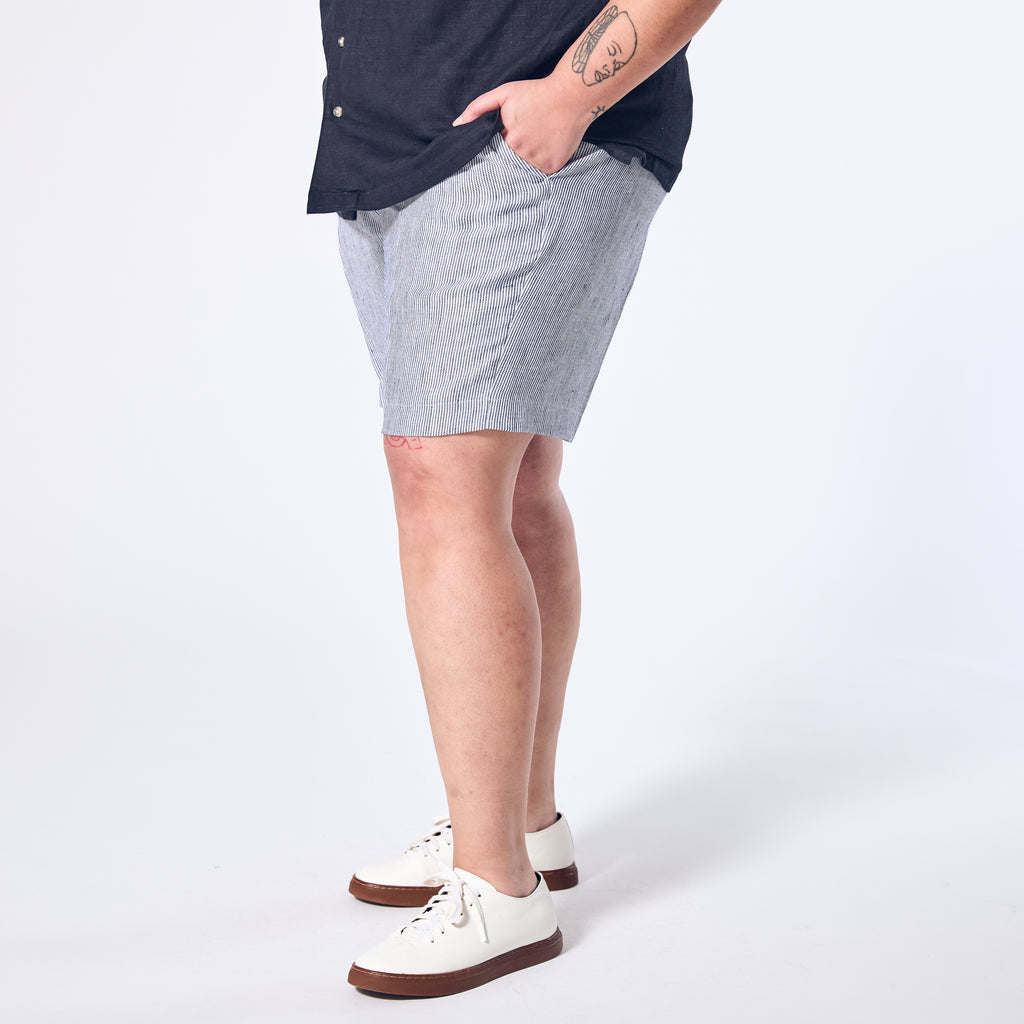 Blue stripe linen shorts featuring deep pockets