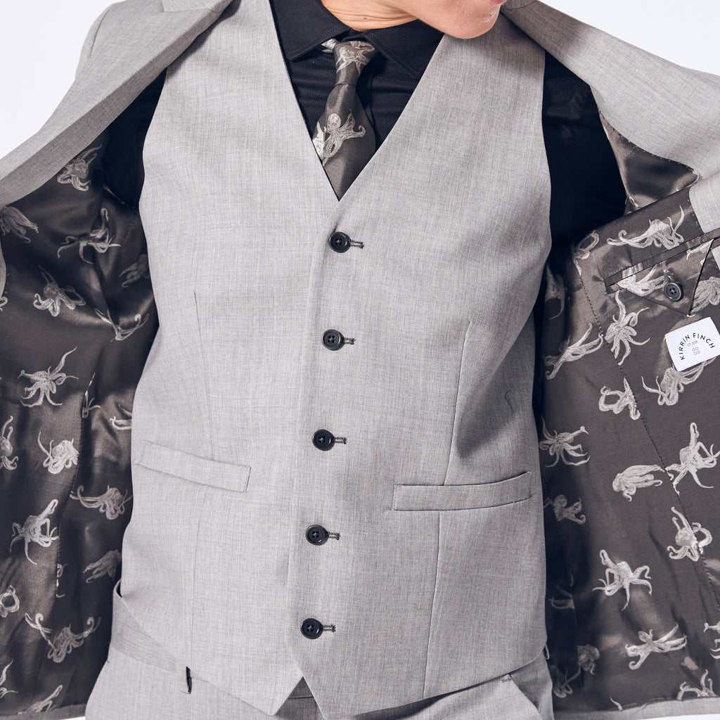 Sky Grey vest with charcoal button holes and adjustable back clasp.