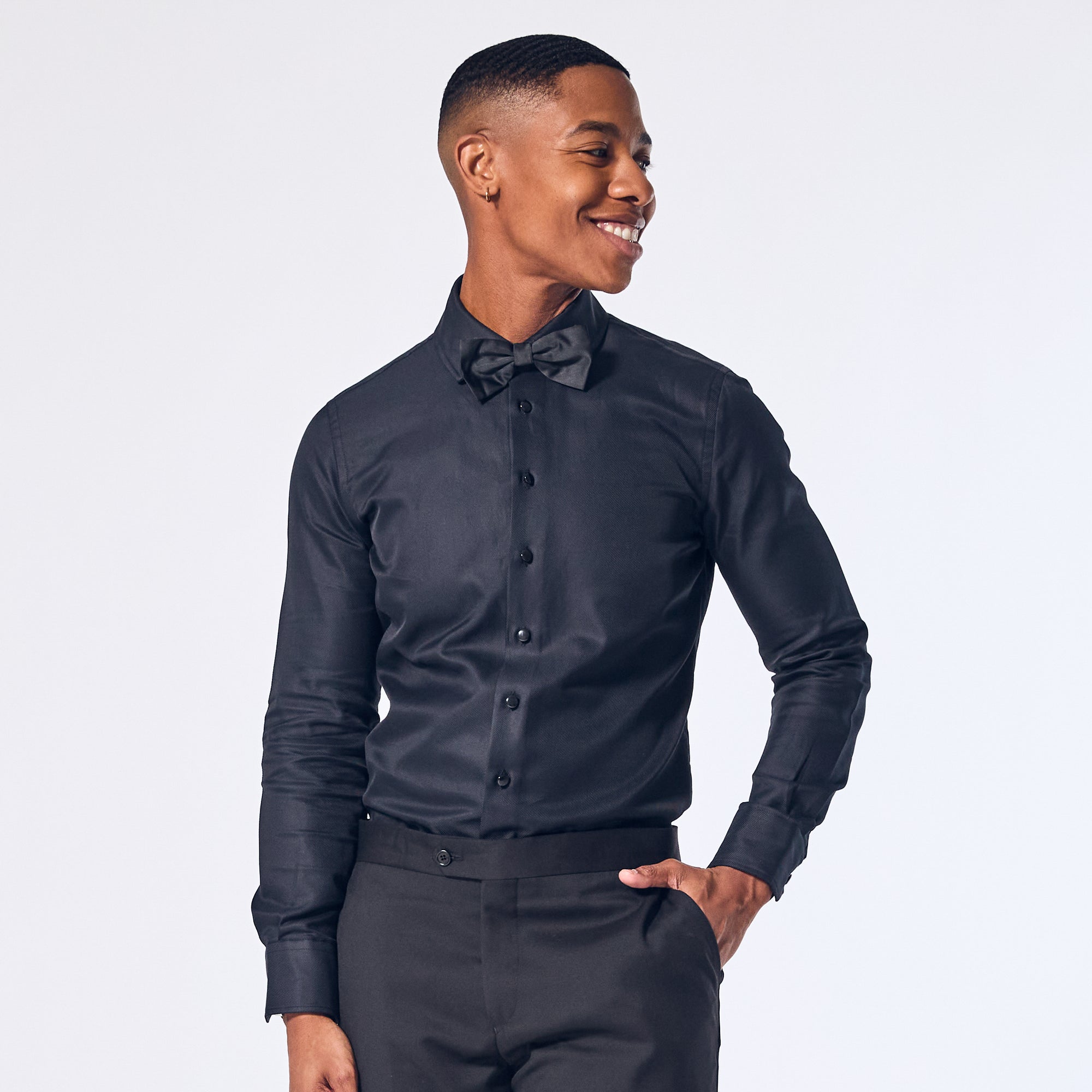 The Kirrin Jet Black Tuxedo Shirt paired with black bow tie by kirrin finch