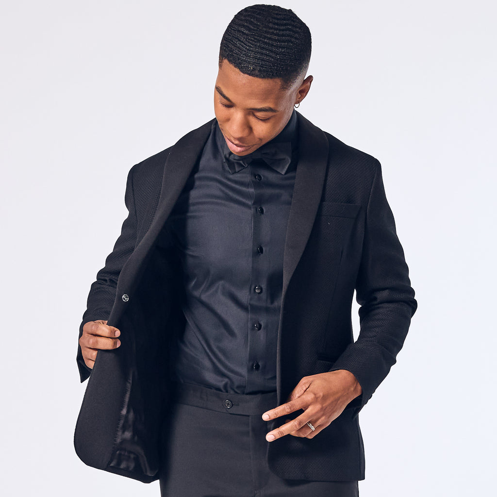 Black basketweave tuxedo blazer with black tuxedo shirt