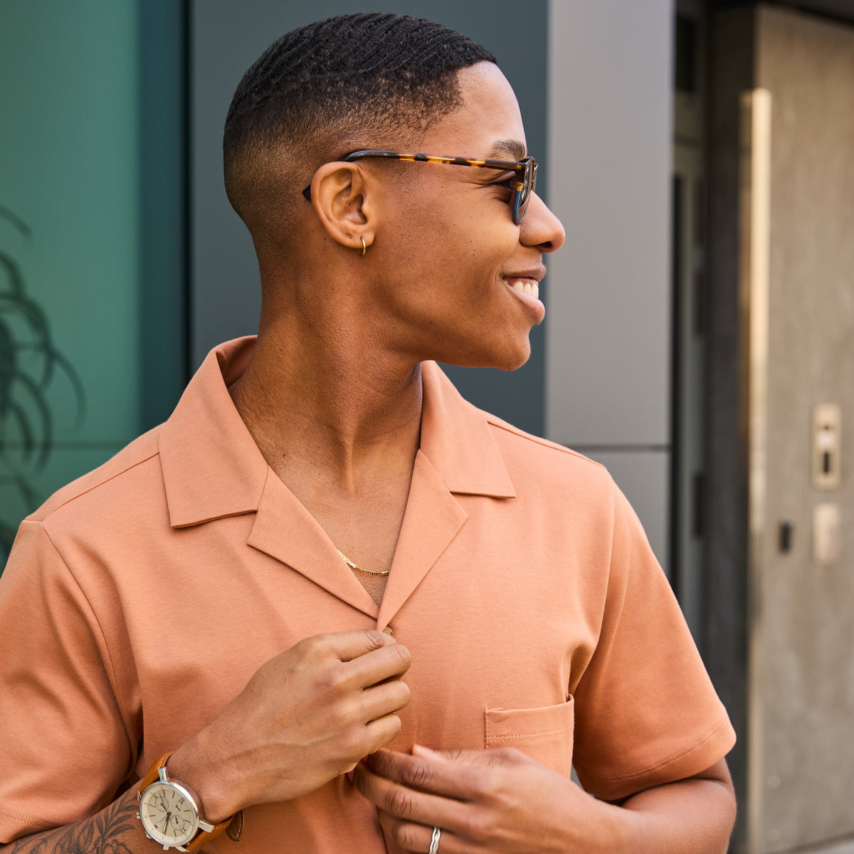 Model wearing Double Jersey Golden Rod Camp Shirt made by Kirrin Finch