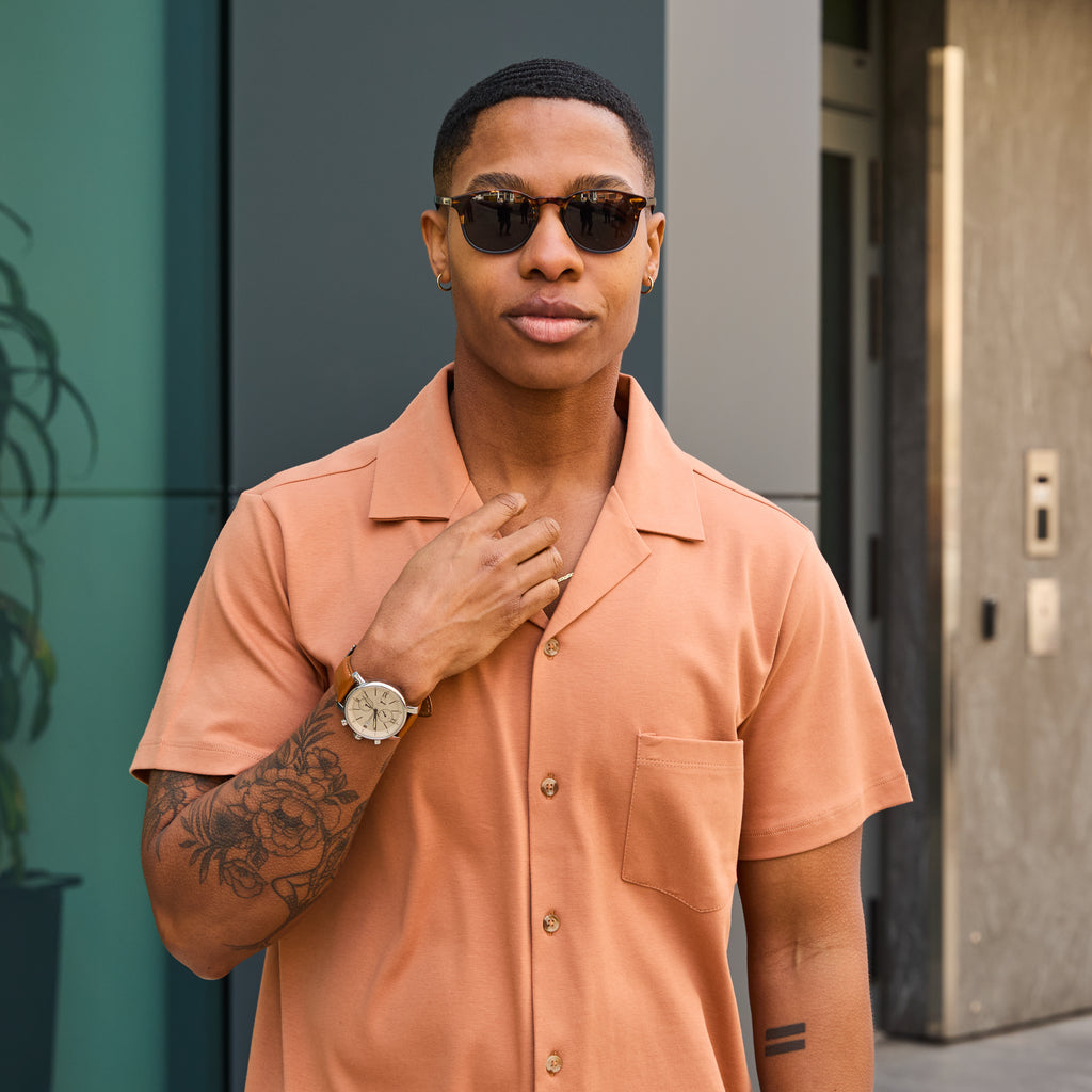 Double Jersey Golden Rod Camp Shirt made for women, trans, masc, and non-binary folk.