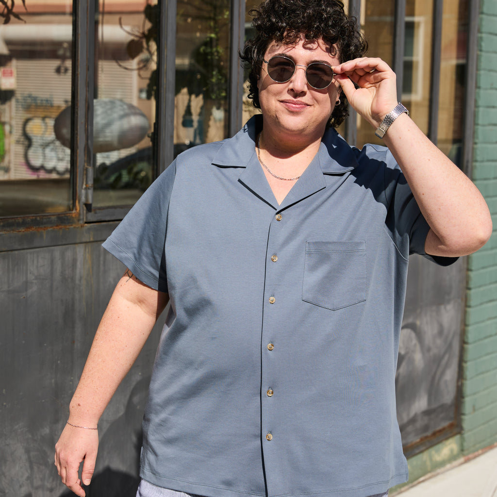 Double Jersey Slate Gray Camp Shirt made for women, trans, masc, and non-binary folk.