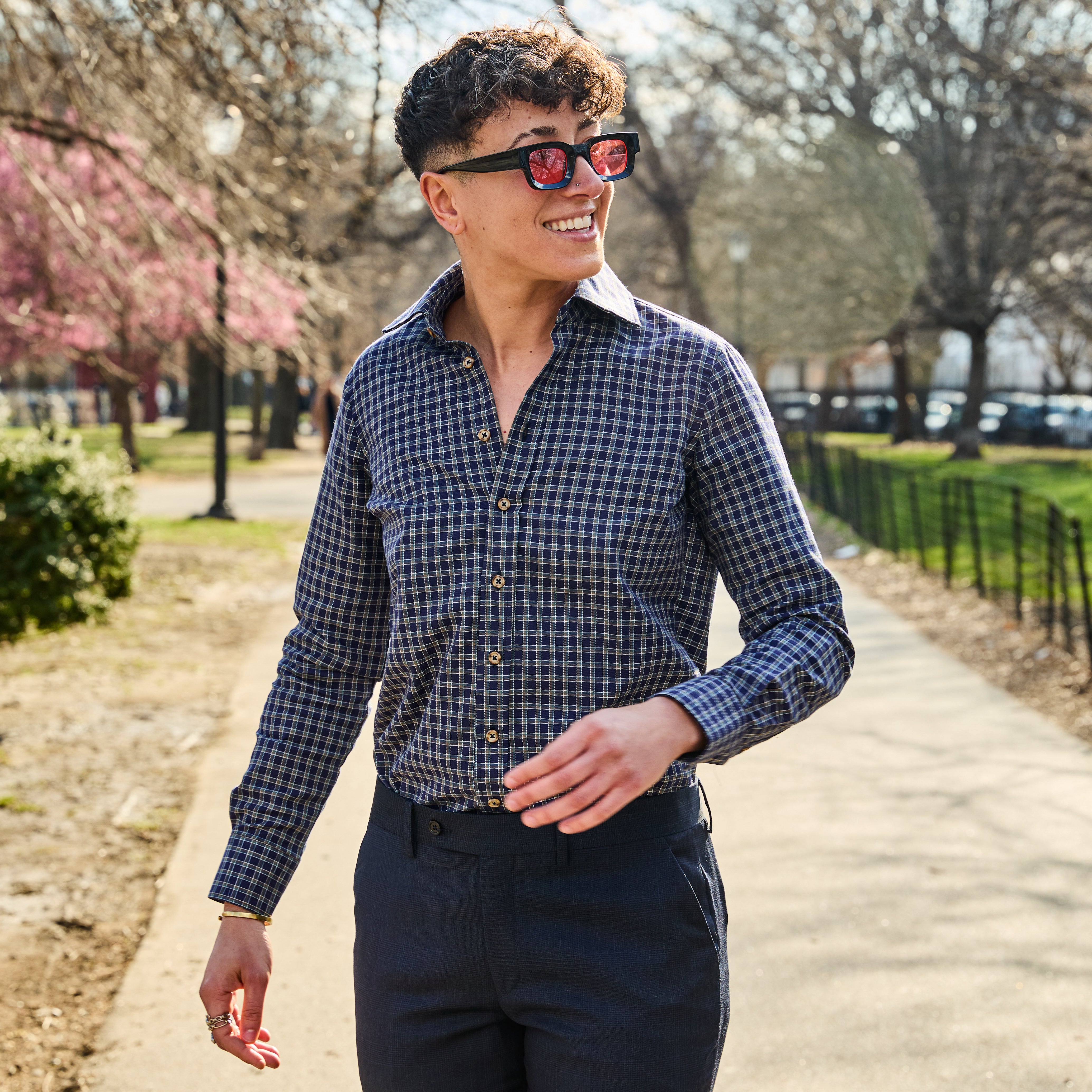 Model wearing Frankie Forest Classic Dress Shirt made by Kirrin Finch