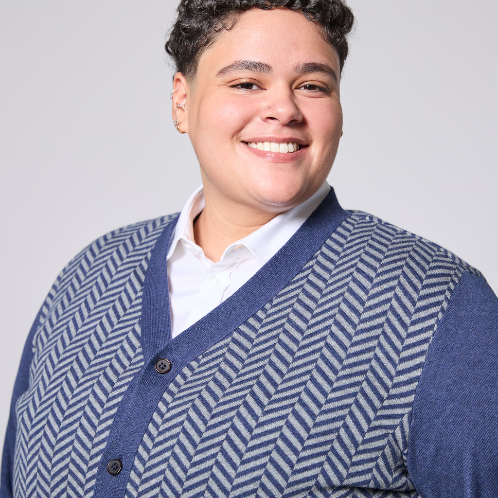 Androgynous patterned blue cardigan 