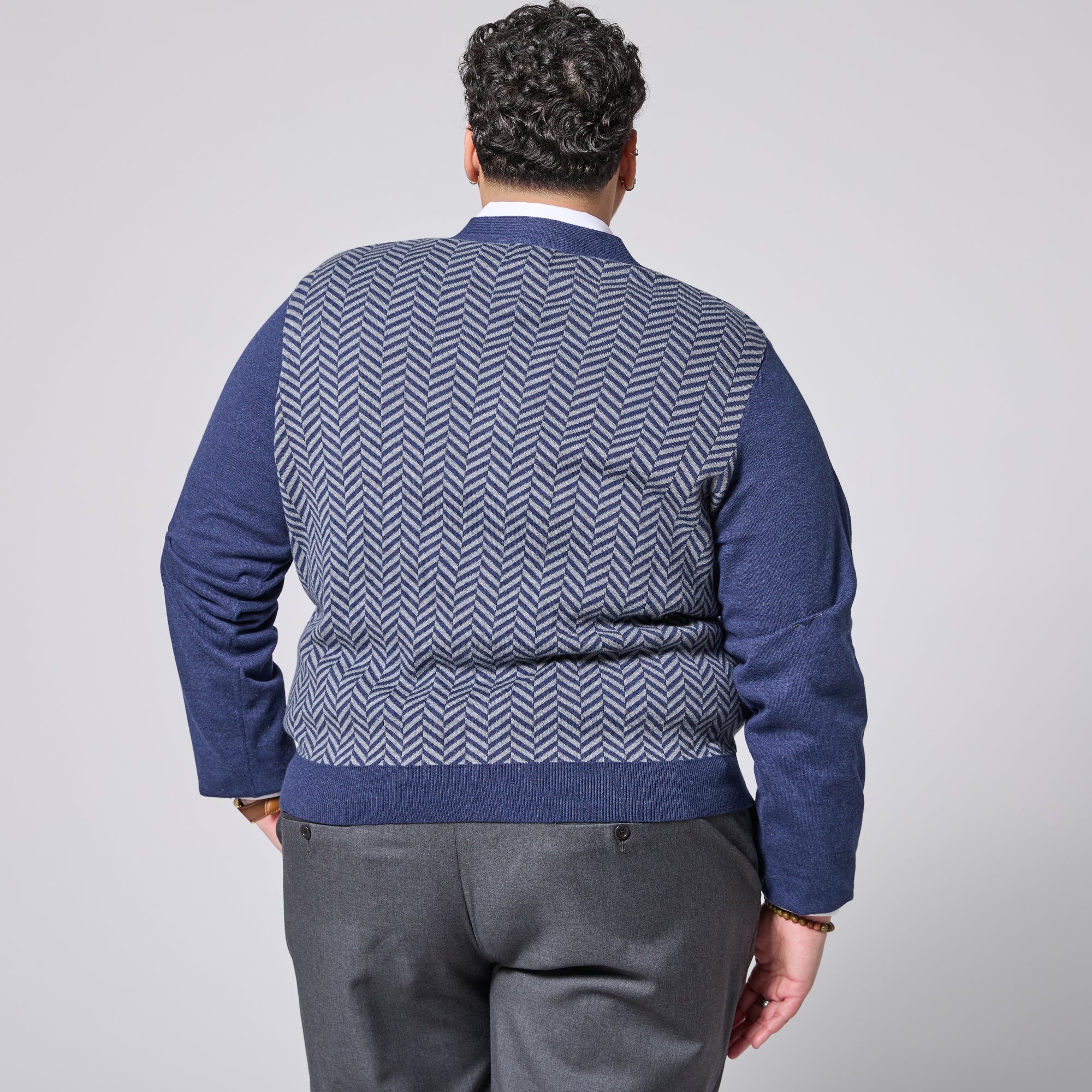 Blue and white cardigan made for women, trans, masc, and non-binary folk.