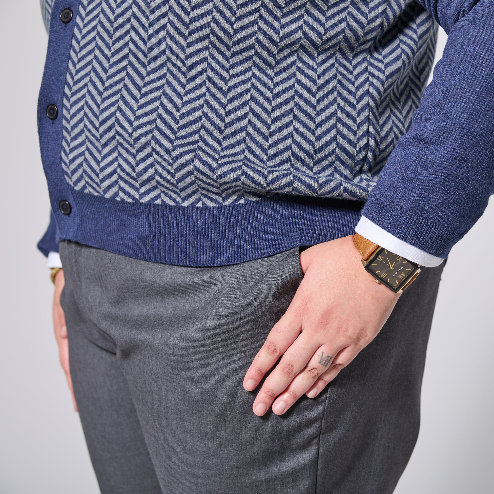 Blue and white cardigan with ribbed hem and cuffs made by Kirrin Finch.