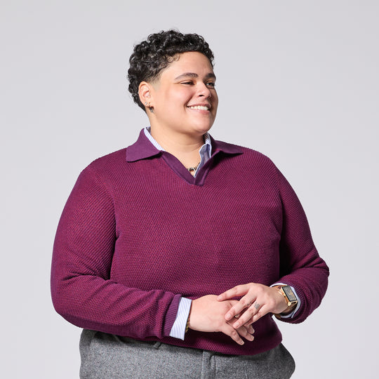 Red Johnny collar polo made for women, trans, masc, and non-binary folk.