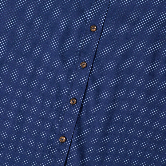 Close-up of Faux Horn buttons on the Navy with white microdot dress shirt by Kirrin Finch