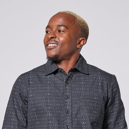 Model wearing Galaxy Point Collar Shirt made by Kirrin Finch