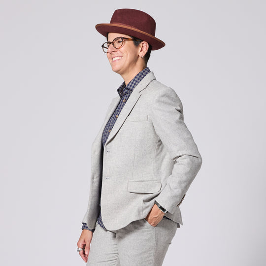 The Finch Heather Gray Flannel Blazer made for women, trans, masc, and non-binary folk.