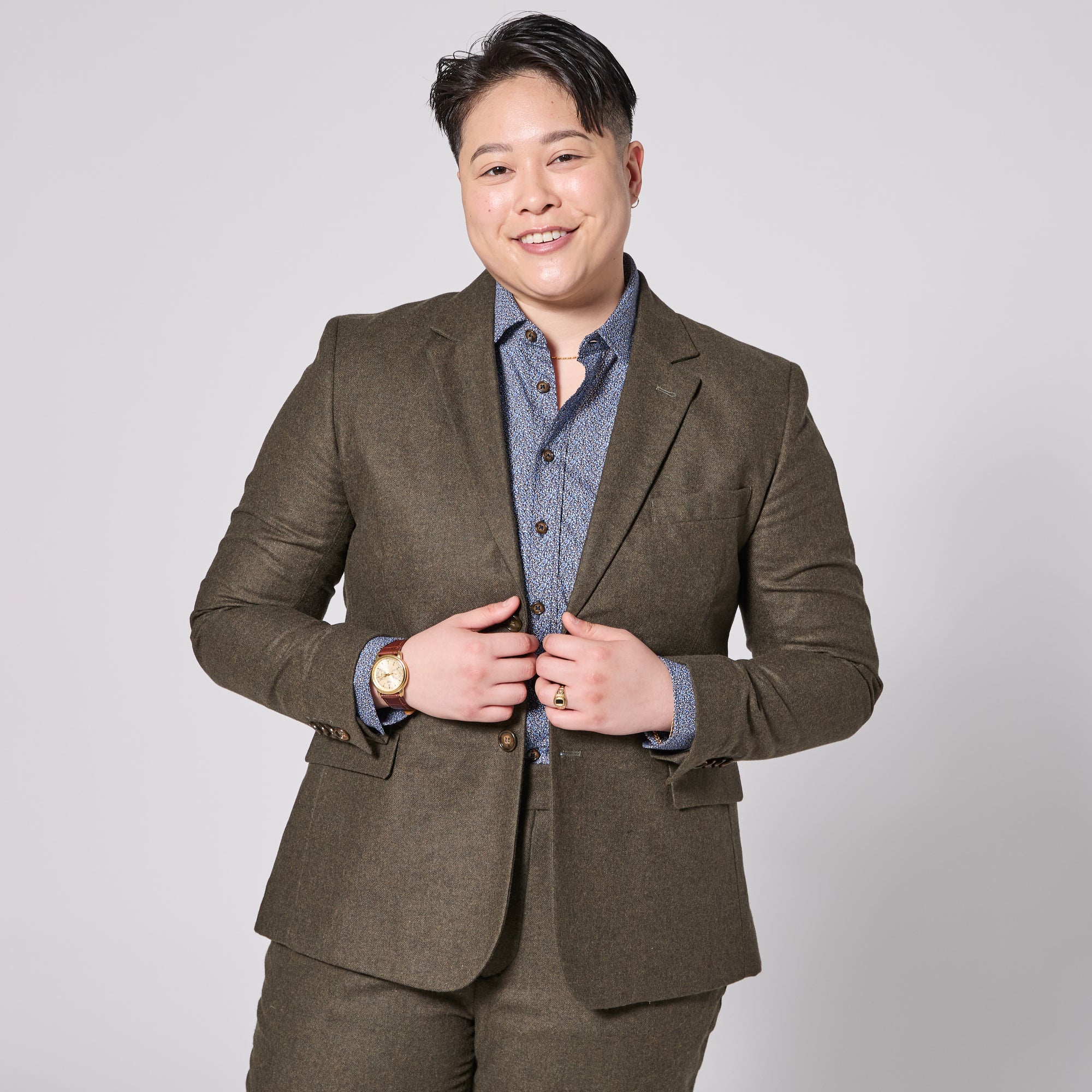 The Finch Heather Olive Flannel Suit Blazer made for women, trans, masc, and non-binary folk.