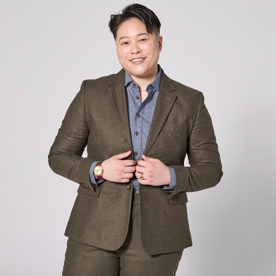 The Finch Heather Olive Flannel Suit Blazer made for women, trans, masc, and non-binary folk.