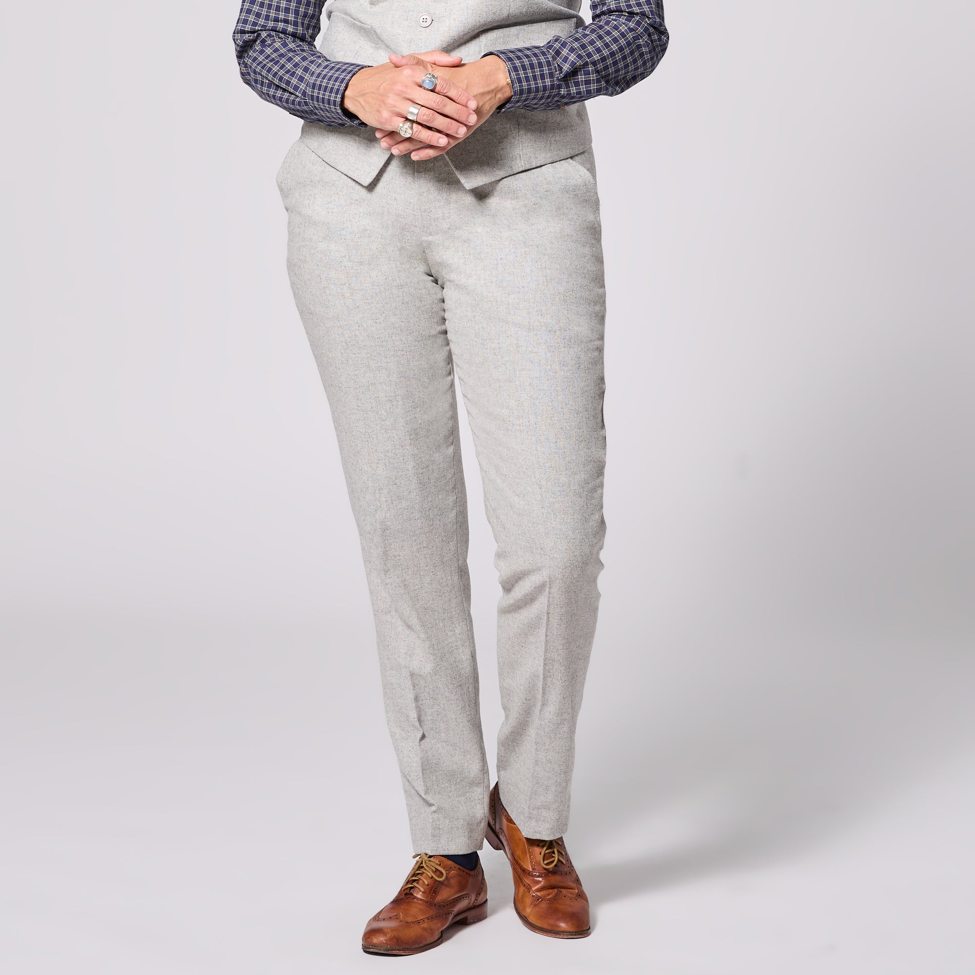 Model wearing The Finch Heather Gray Flannel Dress Pants made by Kirrin Finch