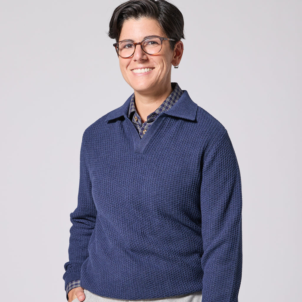 Blue polo with waffle texture made by Kirrin Finch