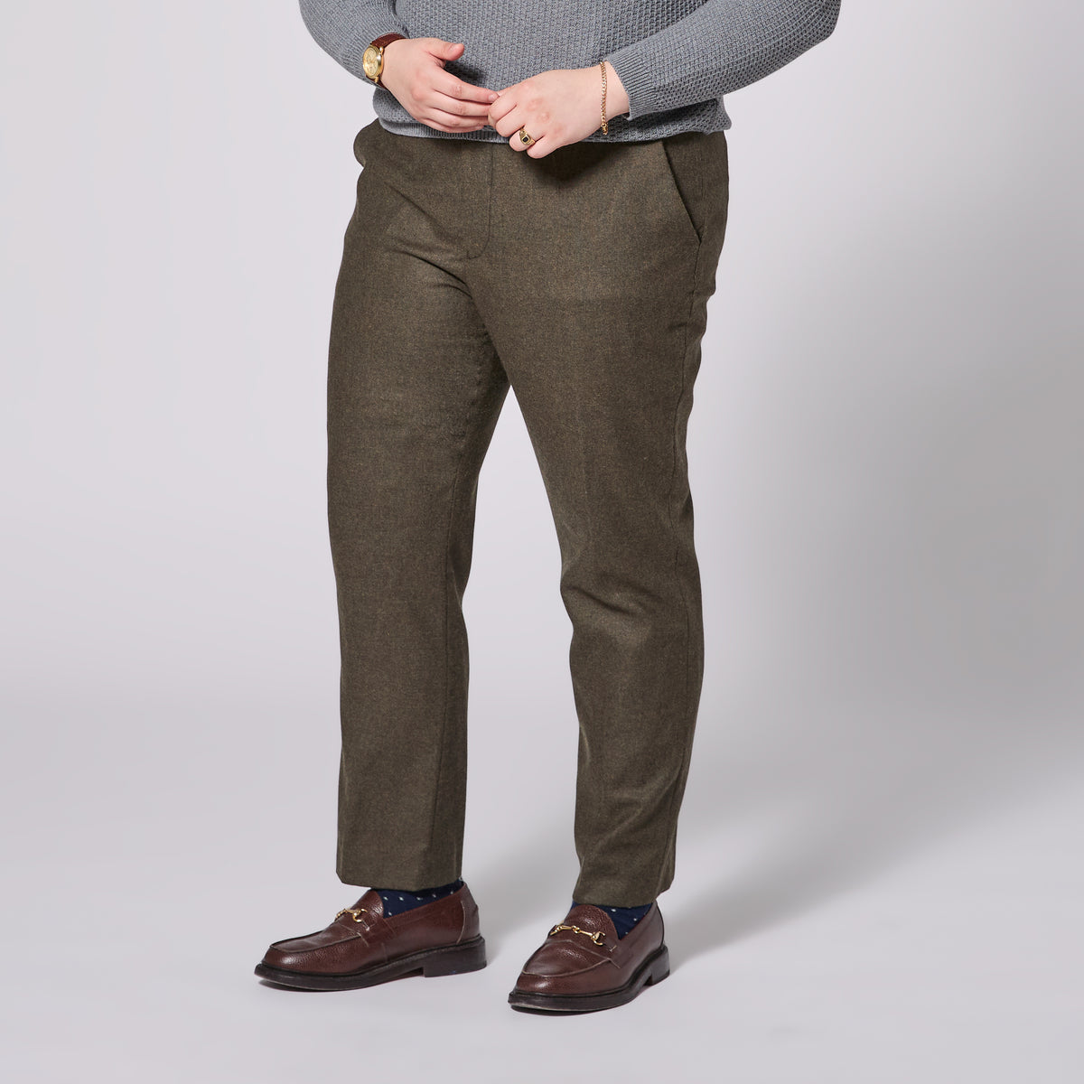 The Finch Heather Olive Flannel Dress Pants made for women, trans, masc, and non-binary folk.