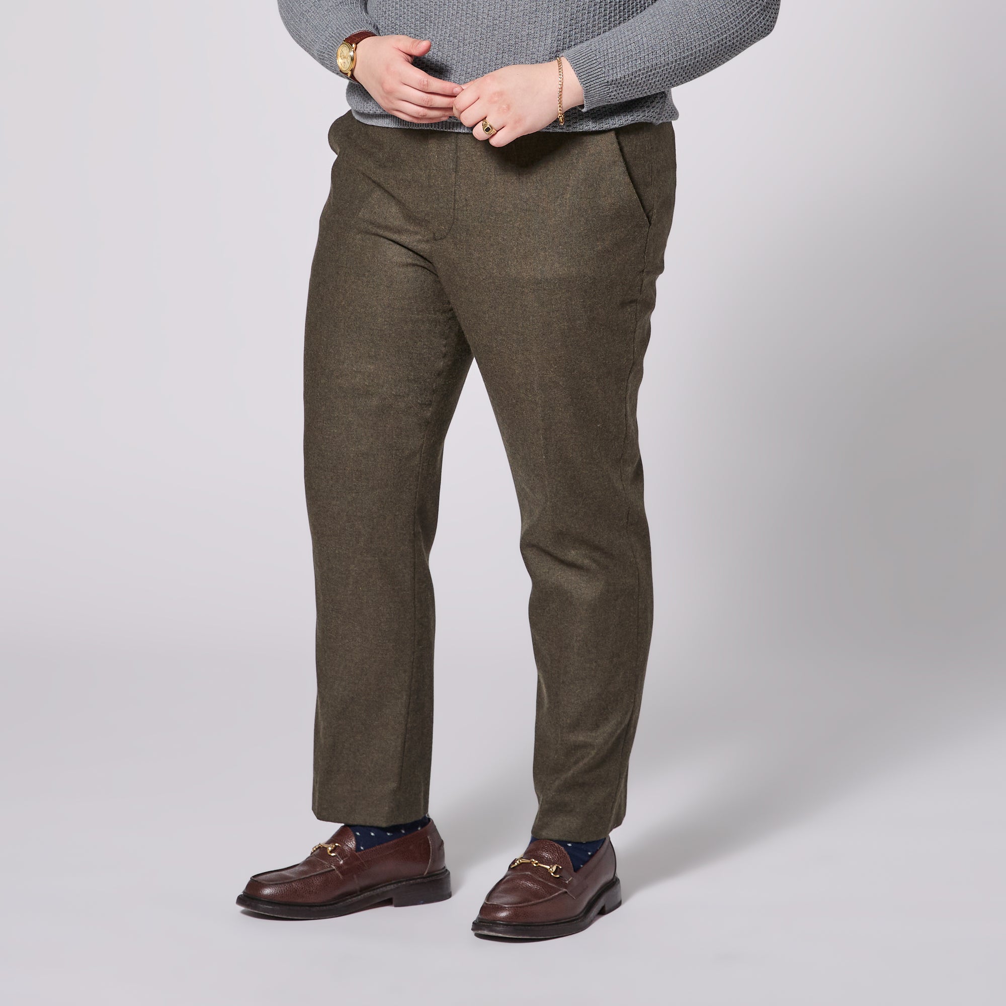 The Finch Heather Olive Flannel Dress Pants made for women, trans, masc, and non-binary folk.