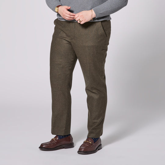 The Finch Heather Olive Flannel Dress Pants made for women, trans, masc, and non-binary folk.
