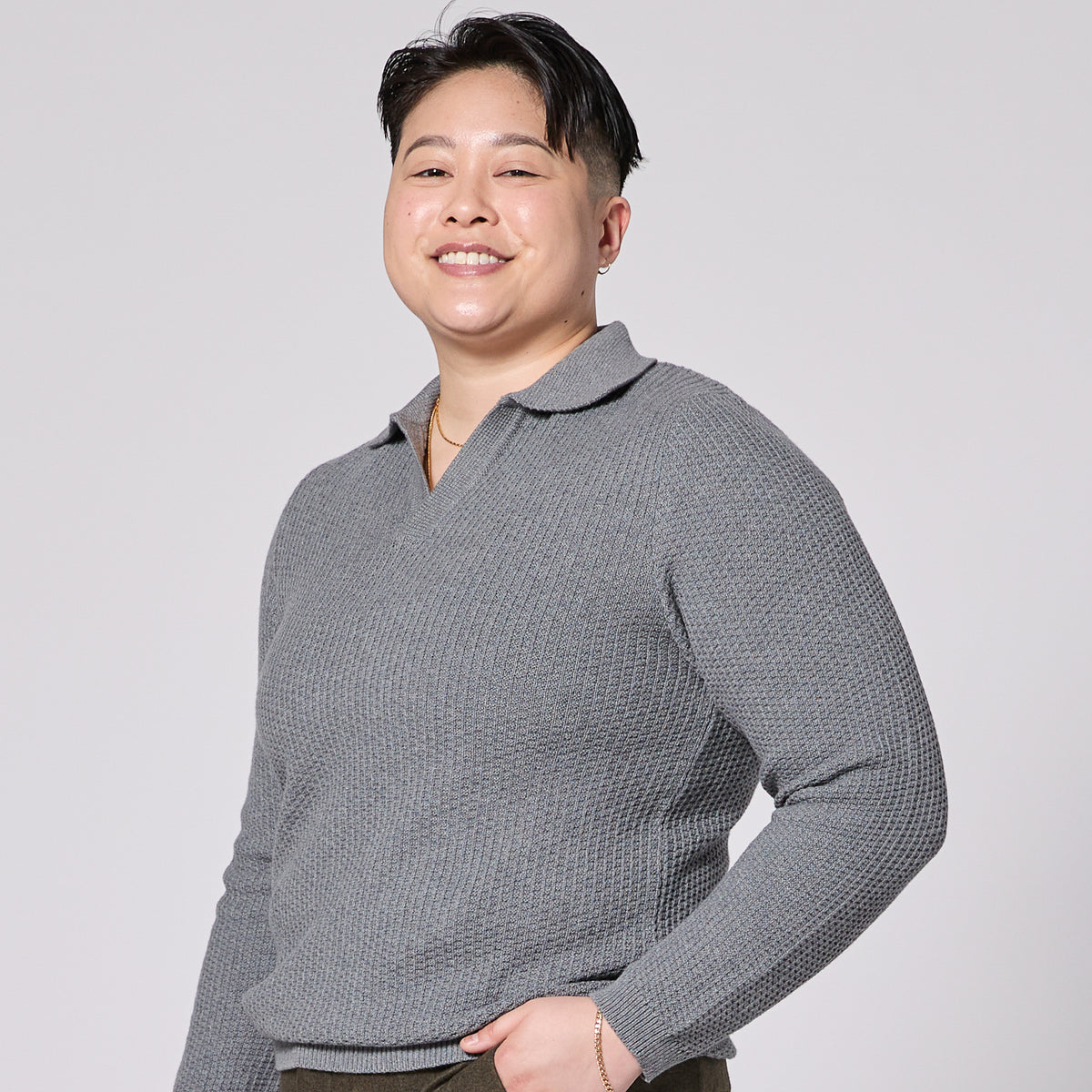 Womens ash polo with Johnny collar made by Kirrin Finch