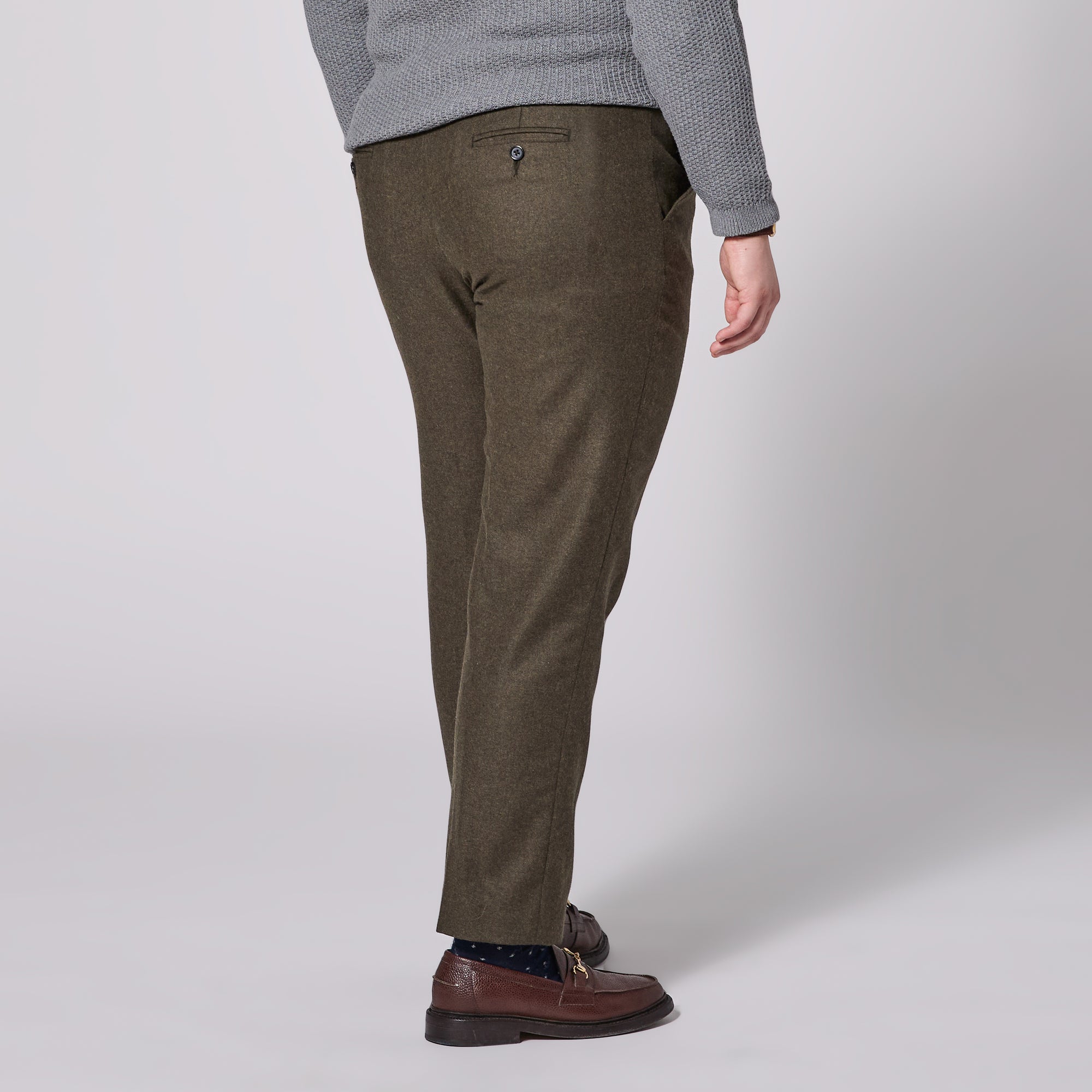 Androgynous Heather Olive Flannel Dress Pants made by Kirrin Finch.
