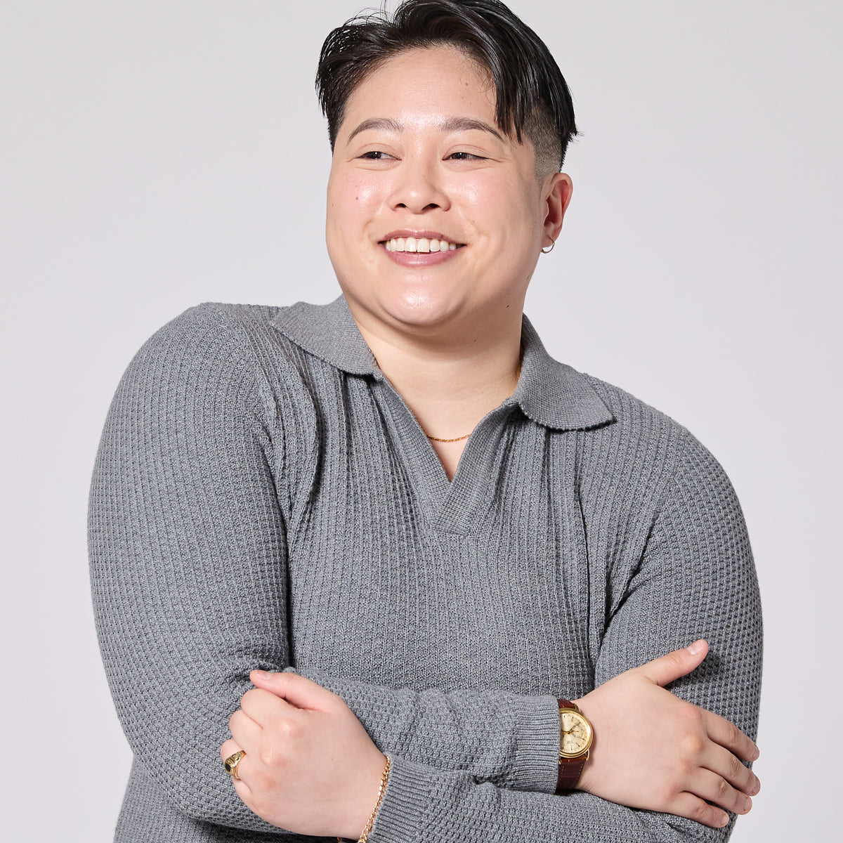 Buttonless ash Johnny collar polo made for women, trans, masc, and non-binary folk. Color: Ash Gray