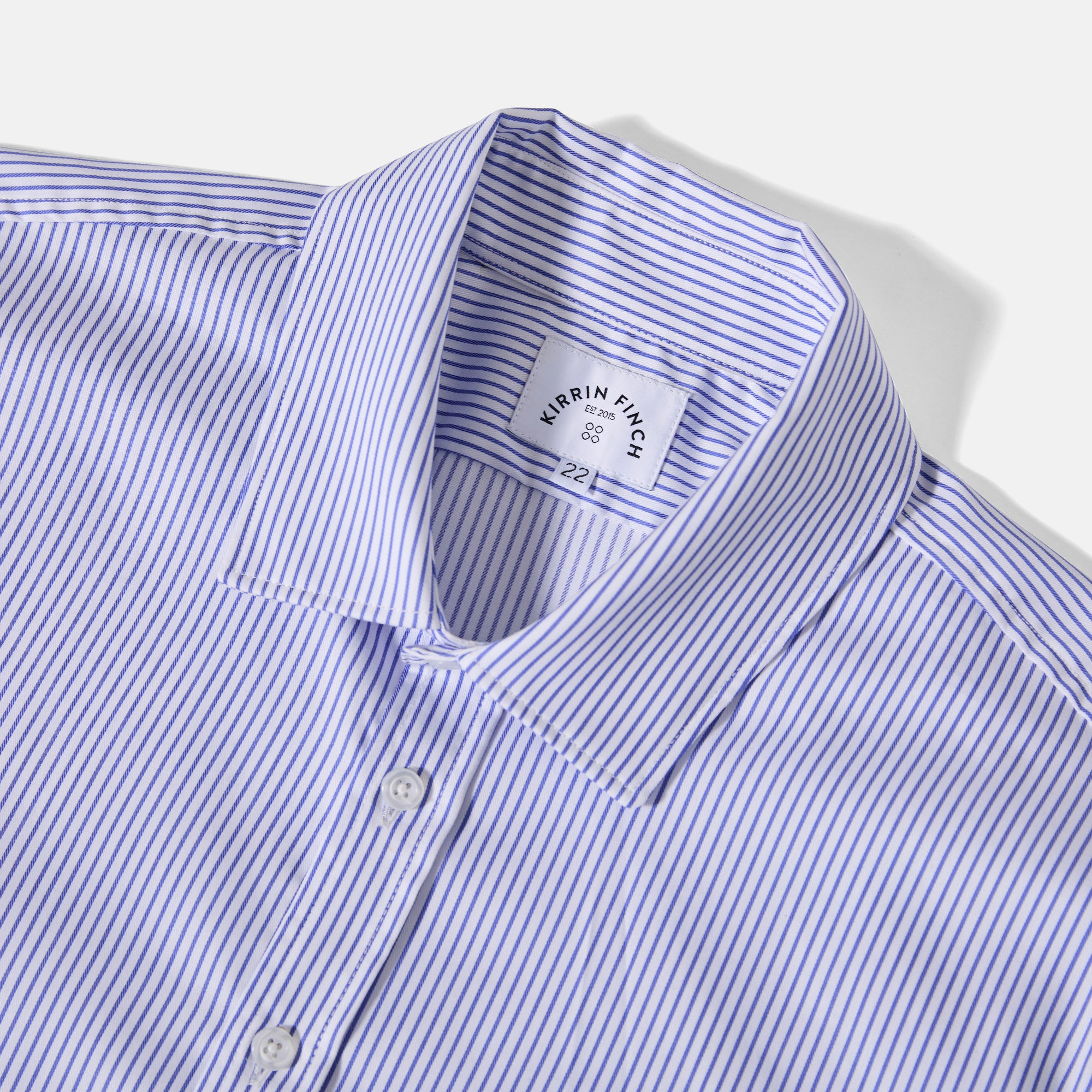 Navy Pencil Stripe Easy-Care Dress Shirt featuring spread collar. Color: Pencil Stripe