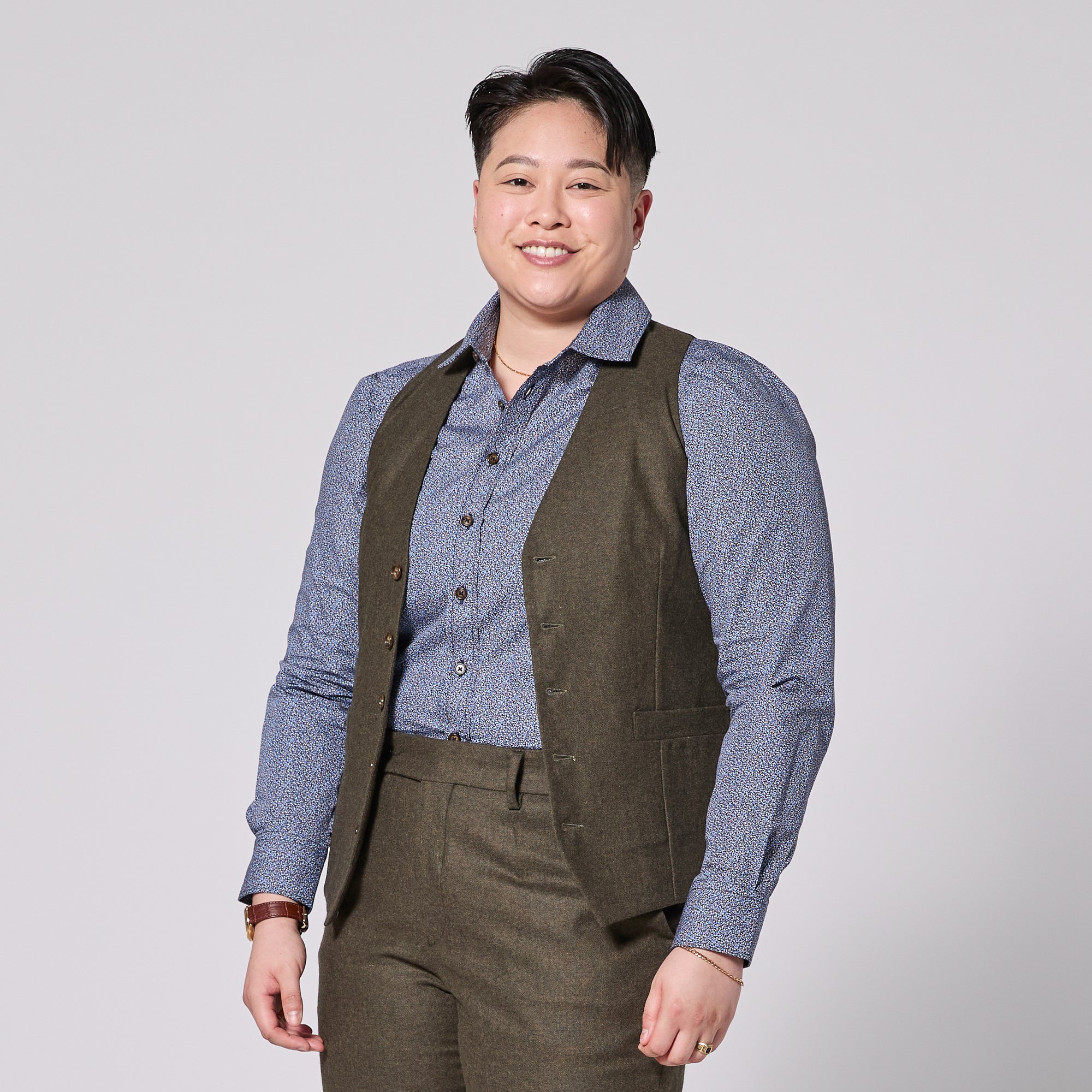 The Finch Heather Olive Flannel Vest made for women, trans, masc, and non-binary folk.