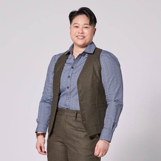 The Finch Heather Olive Flannel Vest made for women, trans, masc, and non-binary folk.