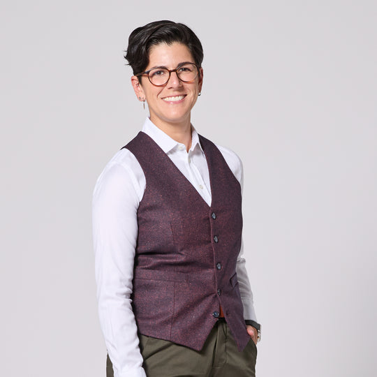 Androgynous person in The Finch Mulberry Twill Vest