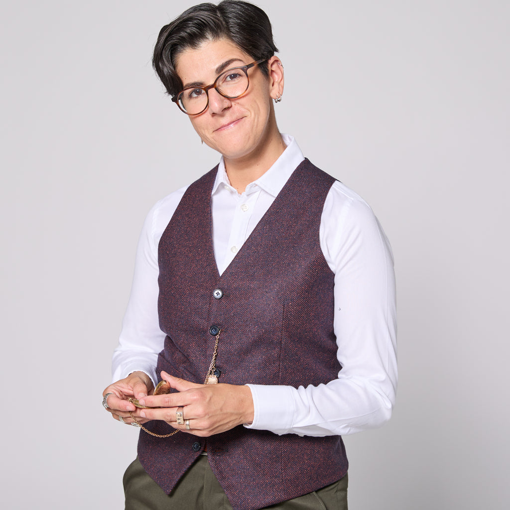 Sunday wearing Mulberry Twill Vest and White easy care dress shirt