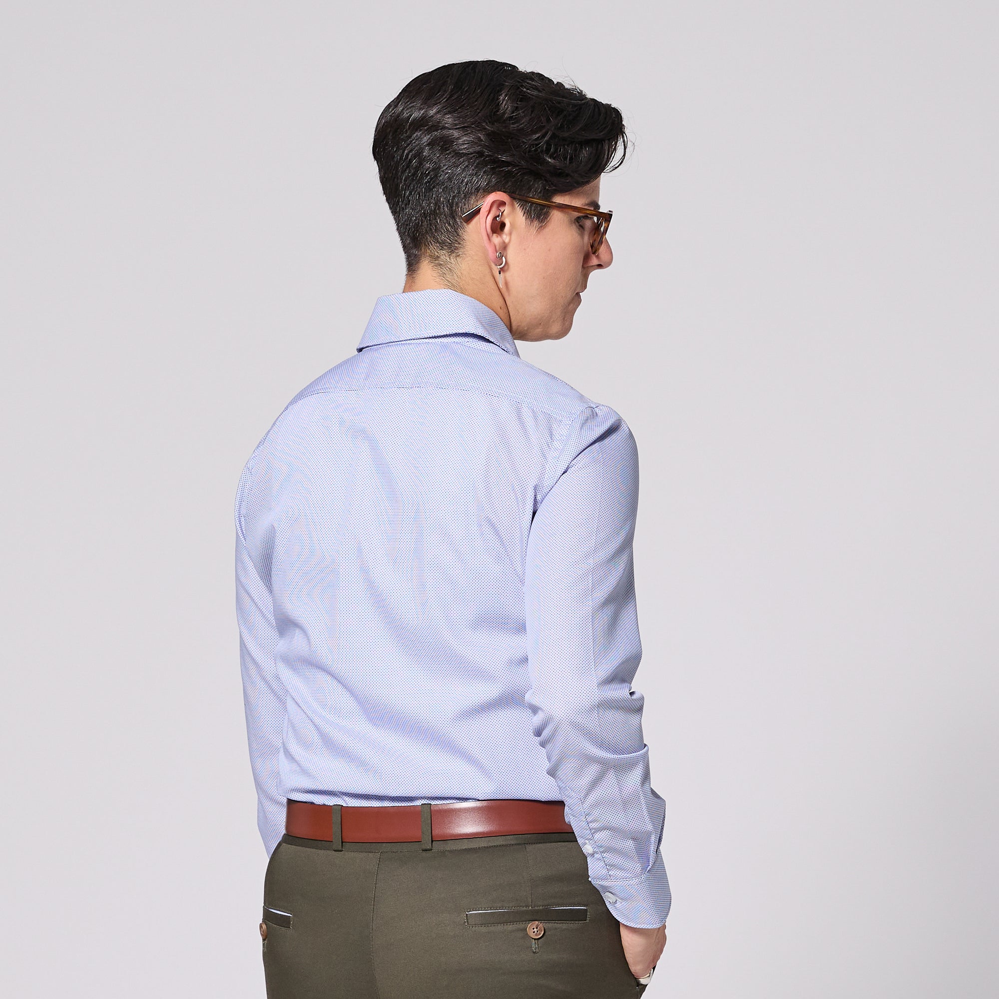 Model wearing Mosaic Easy-Care Dress Shirt made by Kirrin Finch. Color: Mosaic