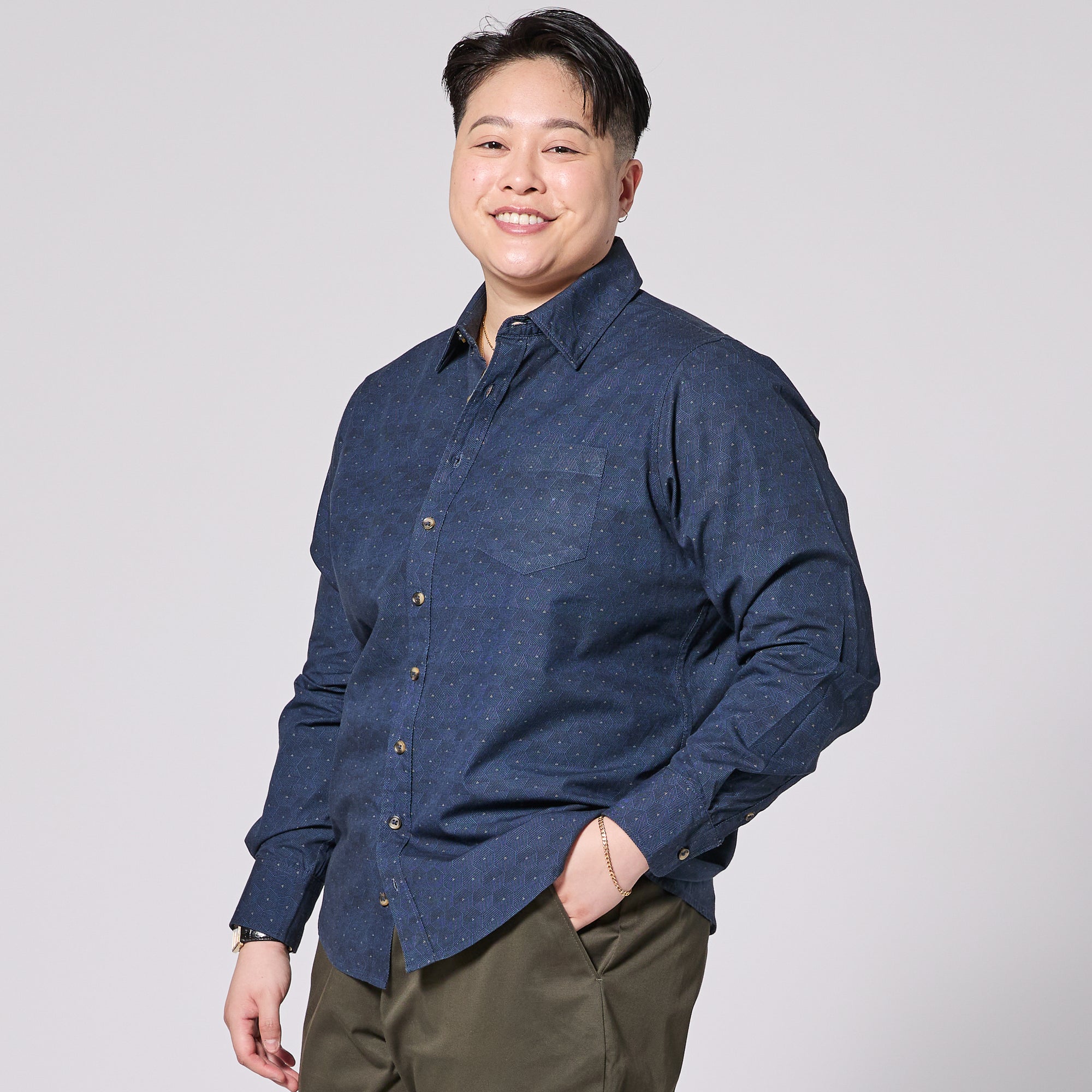 Blue Hexagon Point Collar Shirt made for women, trans, masc, and non-binary folk.