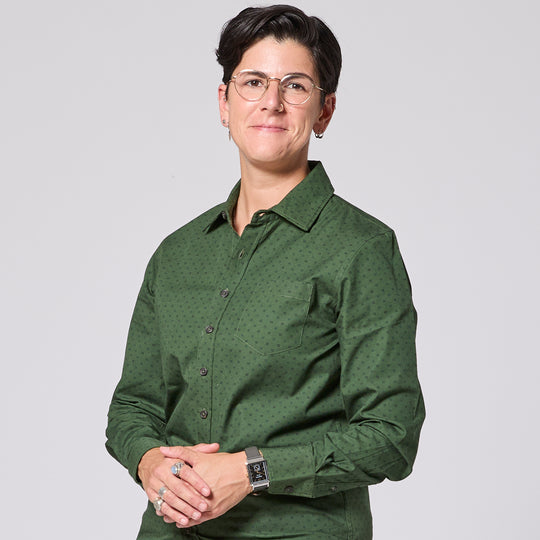 Pine KF Emblem Point Collar Shirt made for women, trans, masc, and non-binary folk.