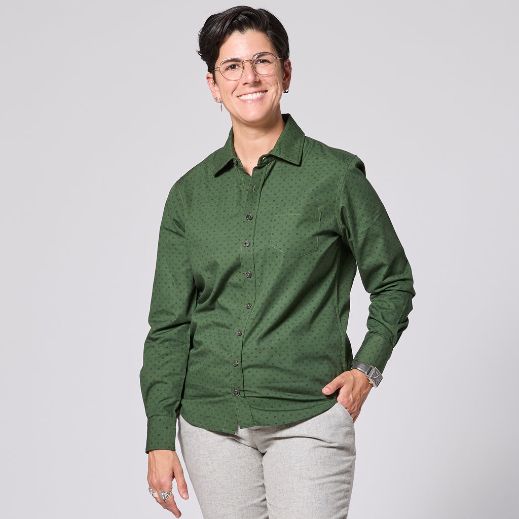 Model wearing Pine KF Emblem Point Collar Shirt made by Kirrin Finch