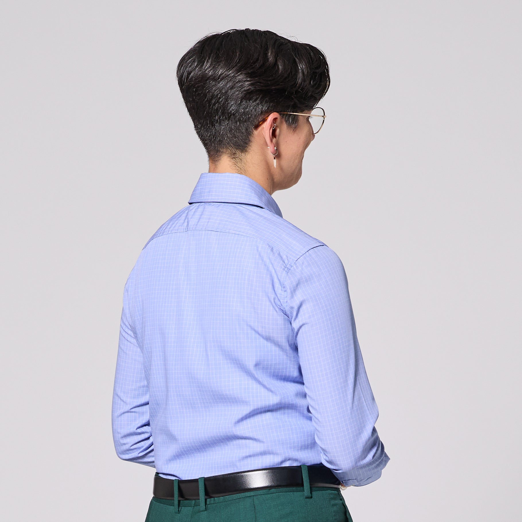 Model wearing Blueprint Easy-Care Dress Shirt by Kirrin Finch. Color: Blueprint
