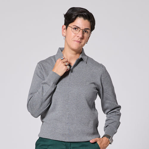 Gray long sleeve polo sweater with ribbed cuffs and hem