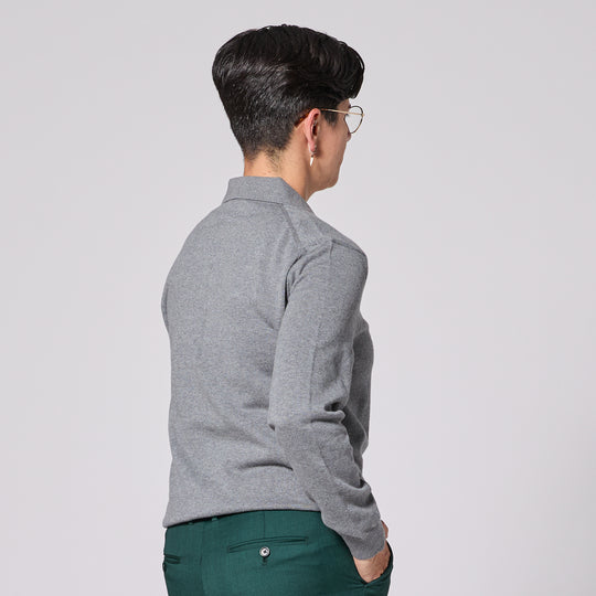 Androgynous gray long sleeve polo sweater made by Kirrin Finch.