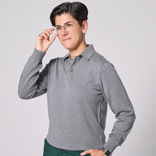Gray long sleeve polo sweater with Jersey knit texture.