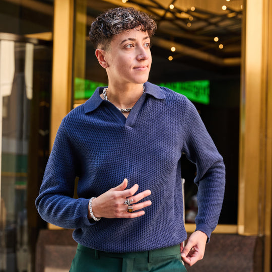 Womens blue polo with Johnny collar made by Kirrin Finch