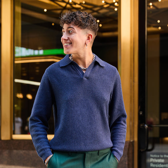 Buttonless blue Johnny collar polo made for women, trans, masc, and non-binary folk.