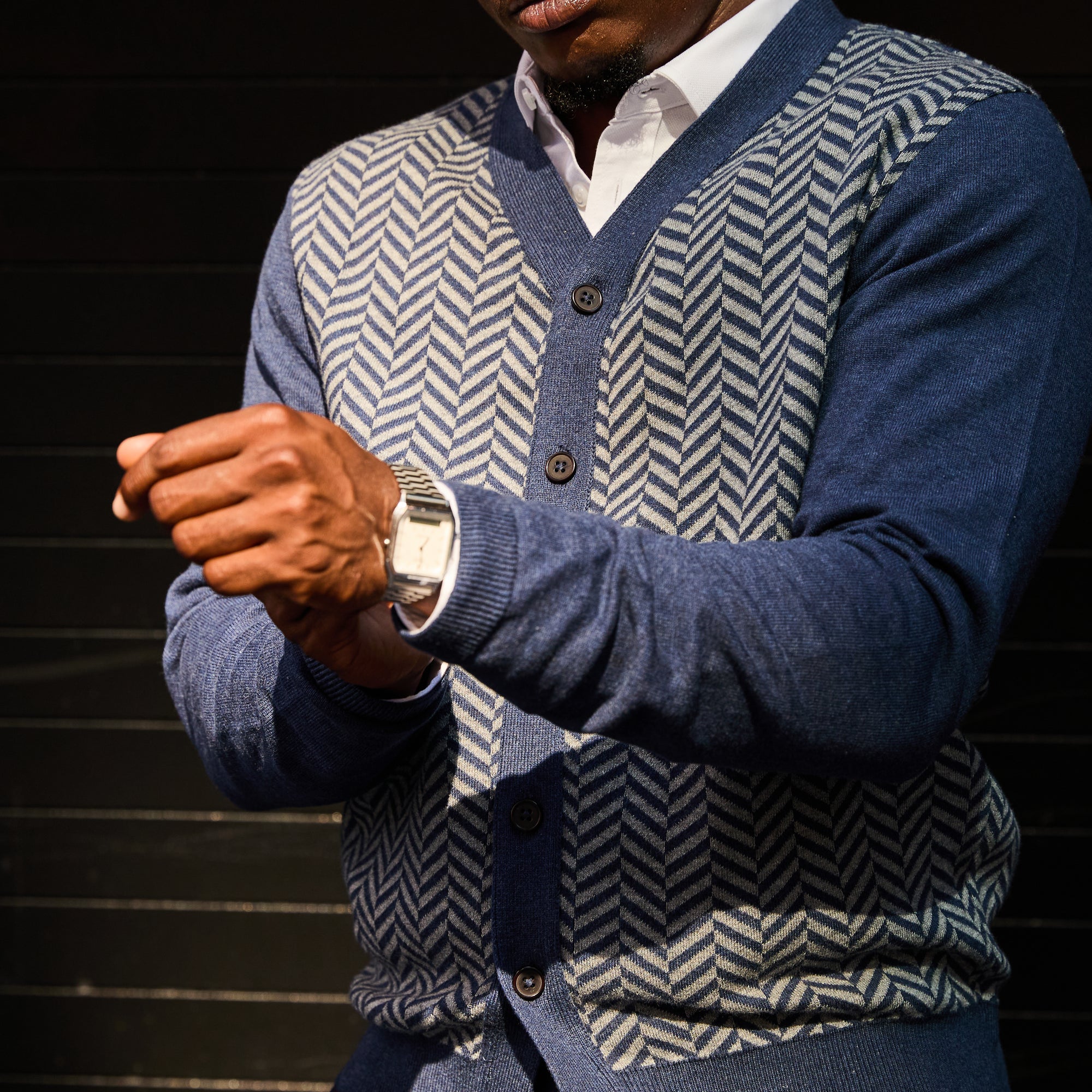 Blue and white cardigan with herringbone pattern made by Kirrin Finch.