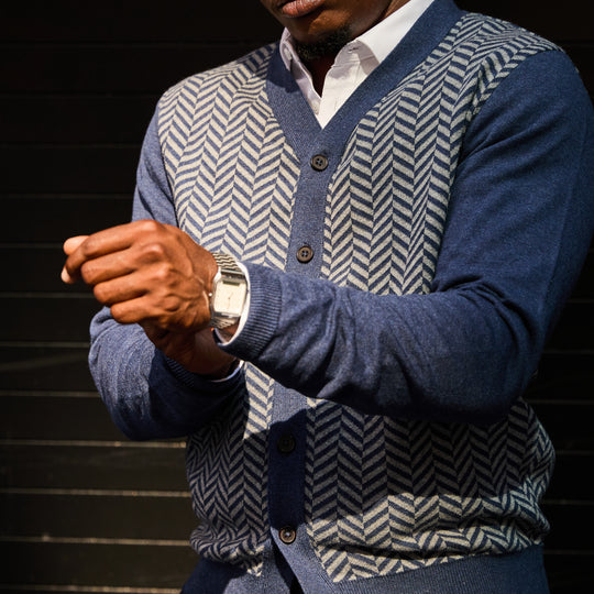 Blue and white cardigan with herringbone pattern made by Kirrin Finch.