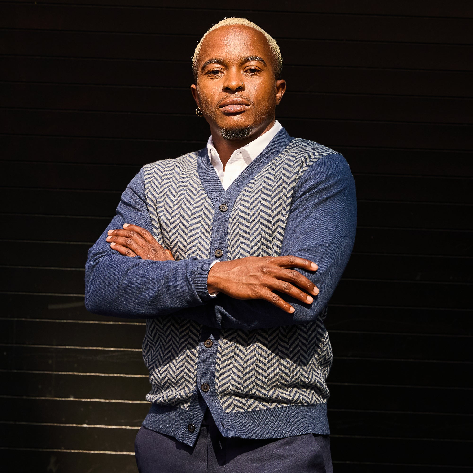 Androgynous blue herringbone cardigan