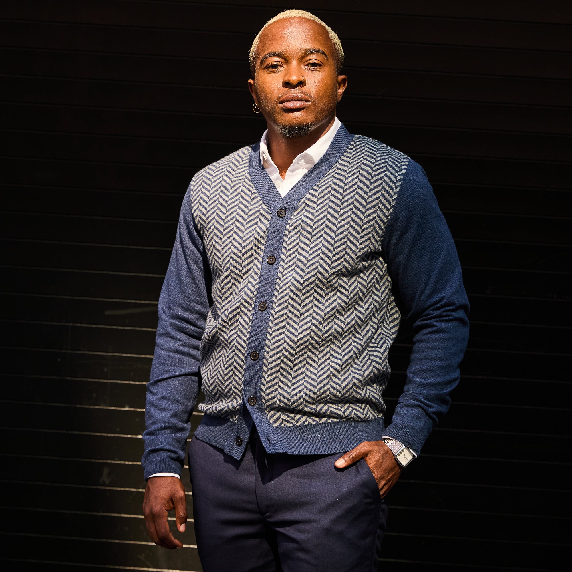 Womens patterned blue cardigan made by Kirrin Finch