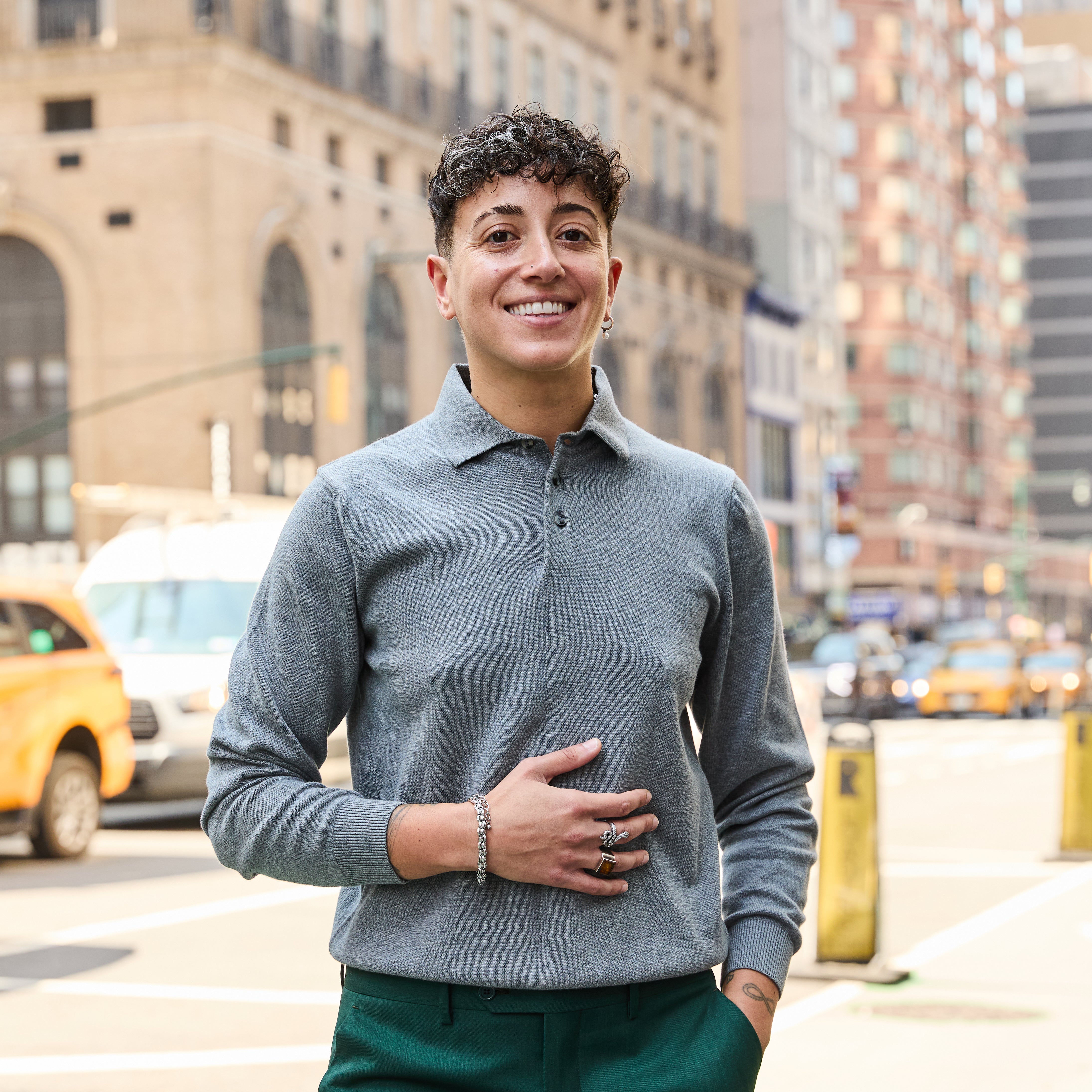 Gray long sleeve polo sweater made for women, trans, masc, and non-binary folk.