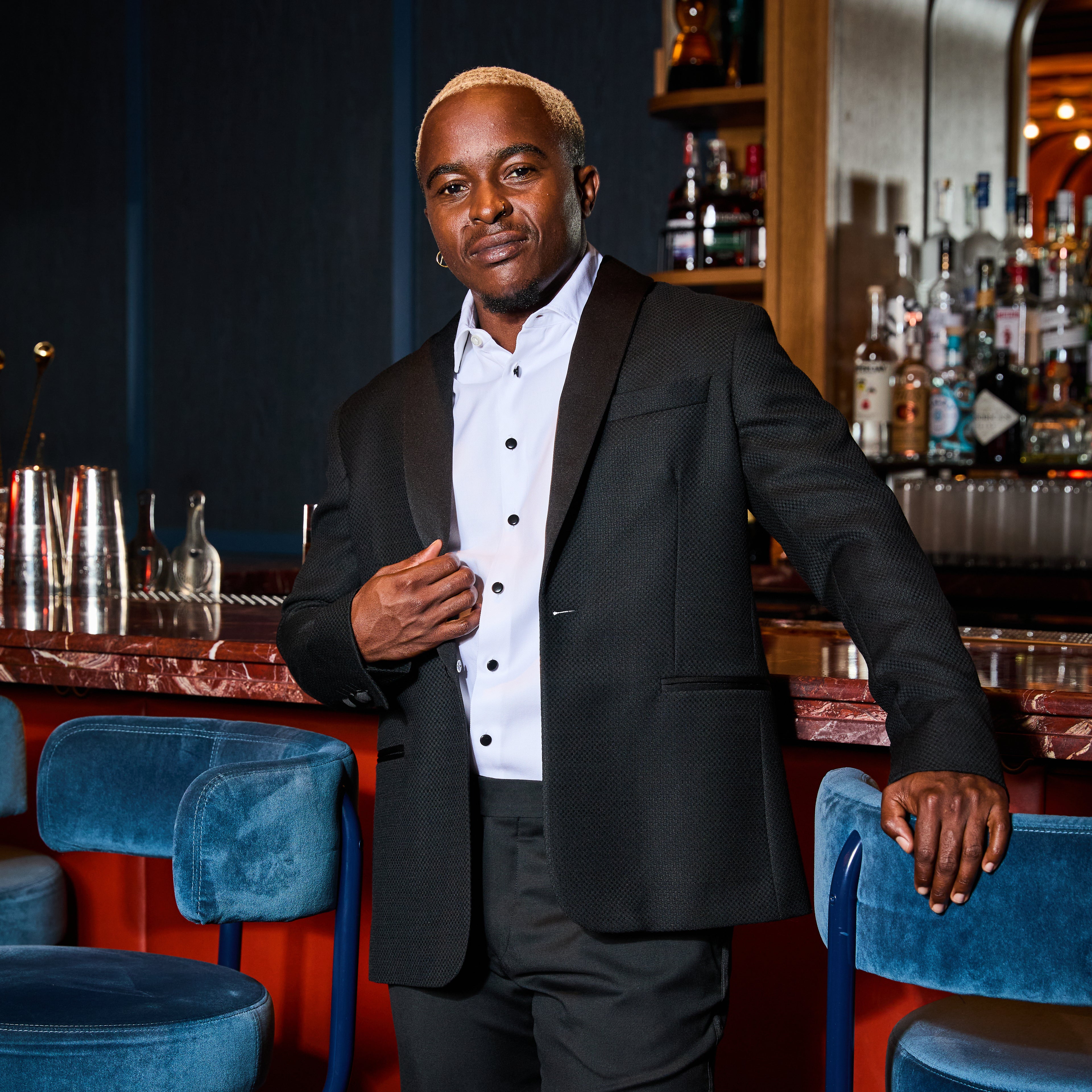 Trans man model in Kirrin Finch Textured Tuxedo Blazer